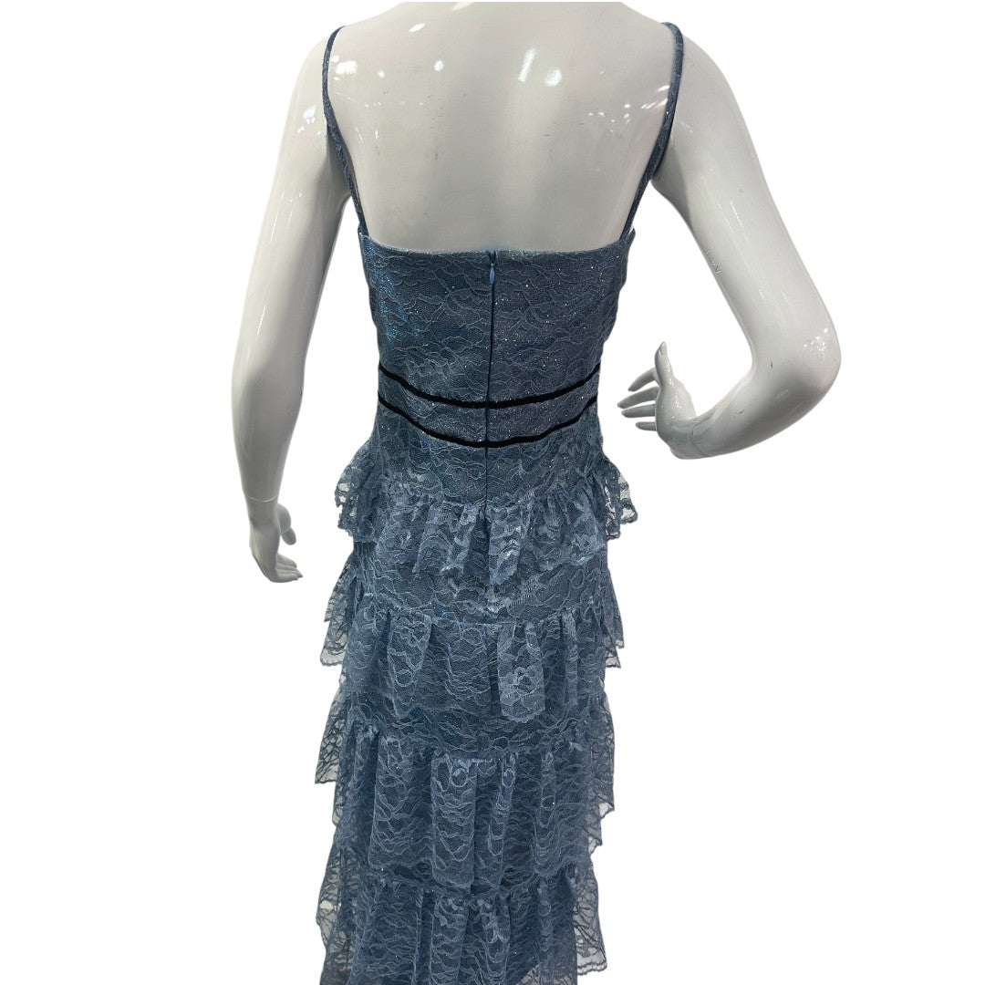Custom Blue Mid-Length Tiered LAce Dress with Camisole-Style Top