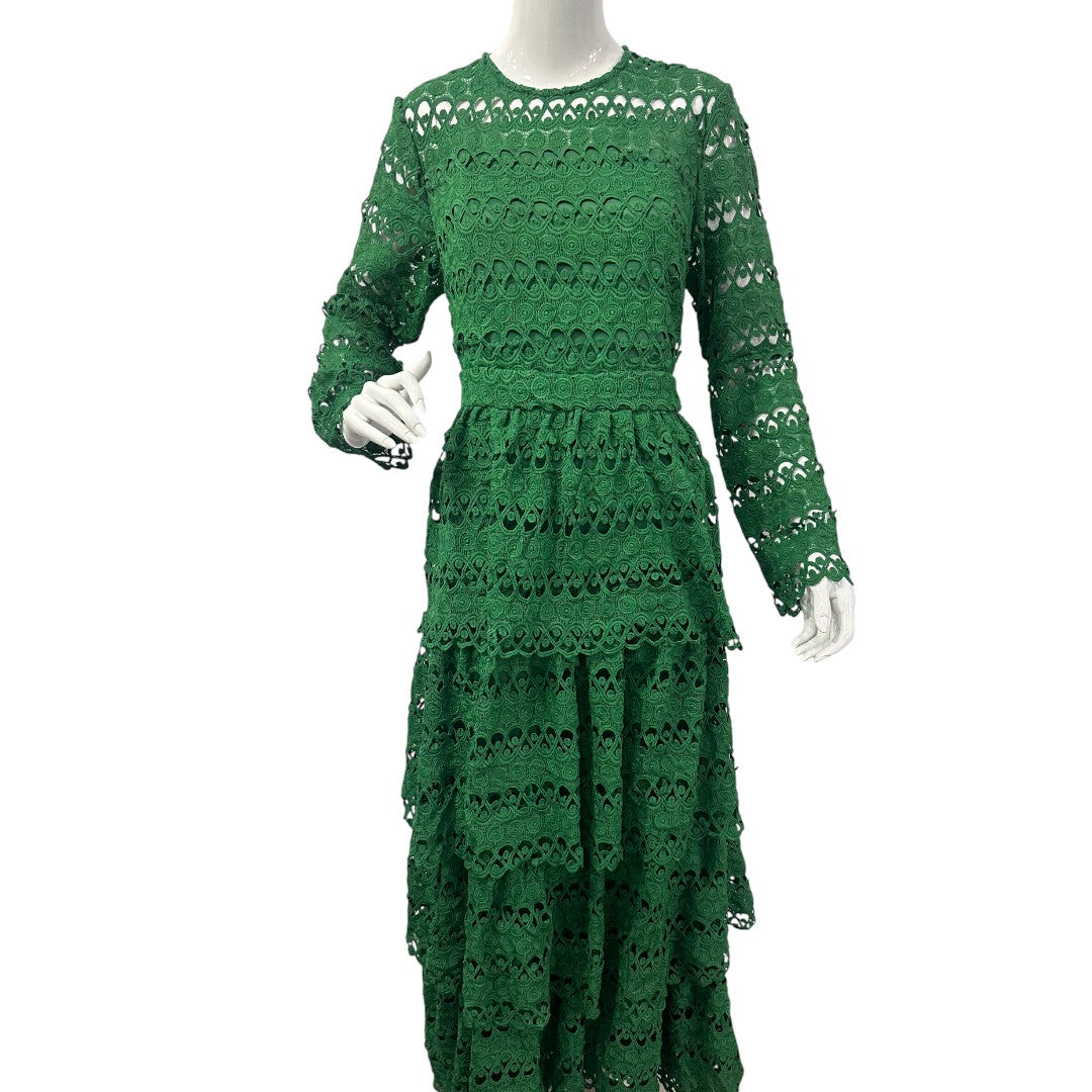 Custom Green Long Sleeved Tiered Lace MIdi Dress