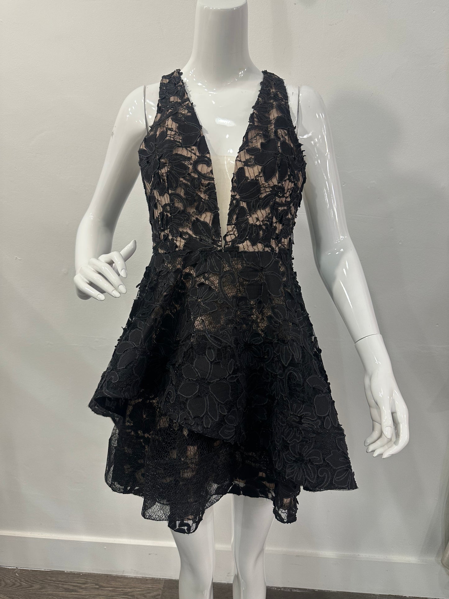 Edite Mode Elegant Floral Lace Layered Ruffle Mini Dress Black Women's Size M