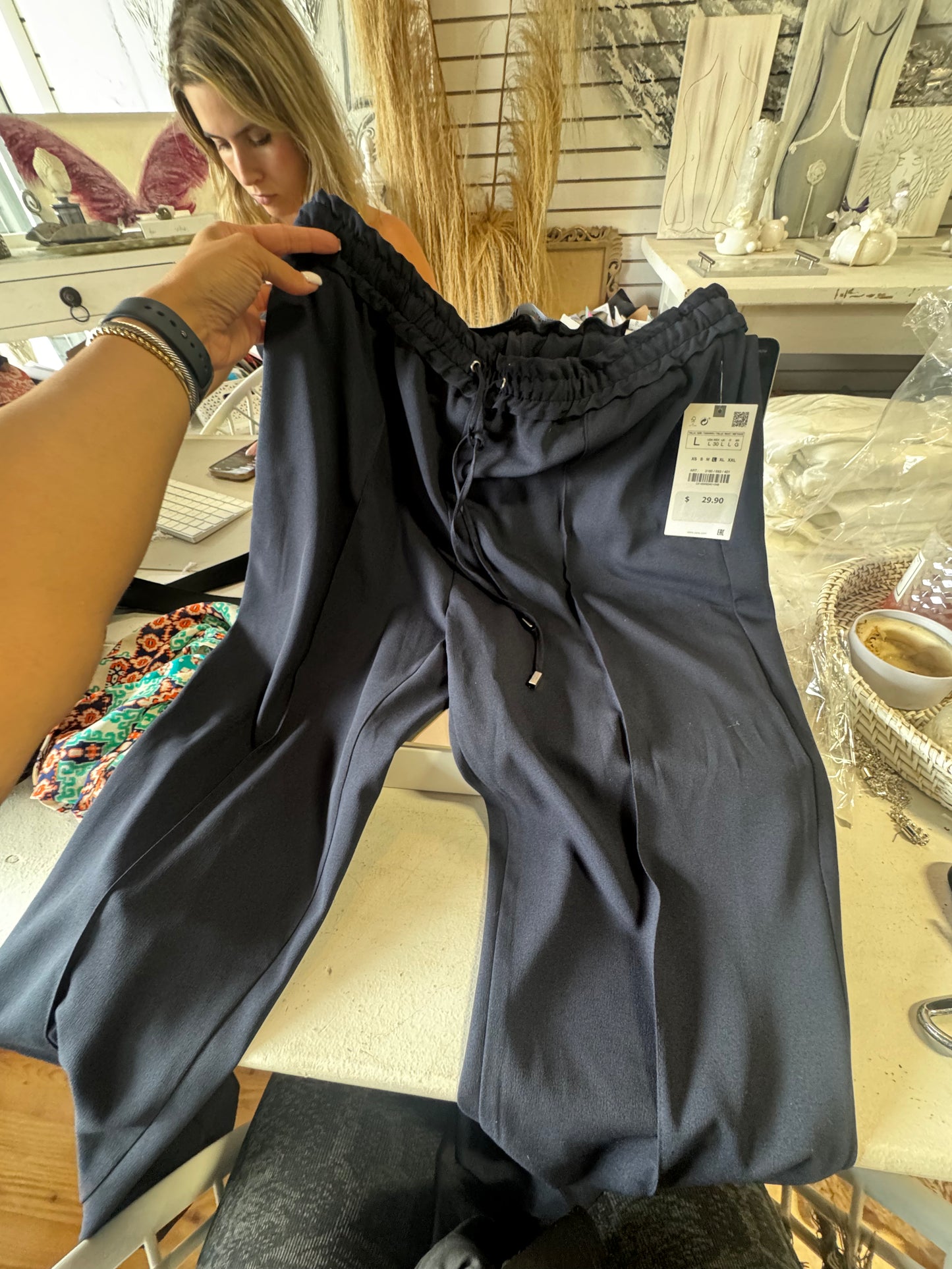 zara navy blue tie dress pants size L