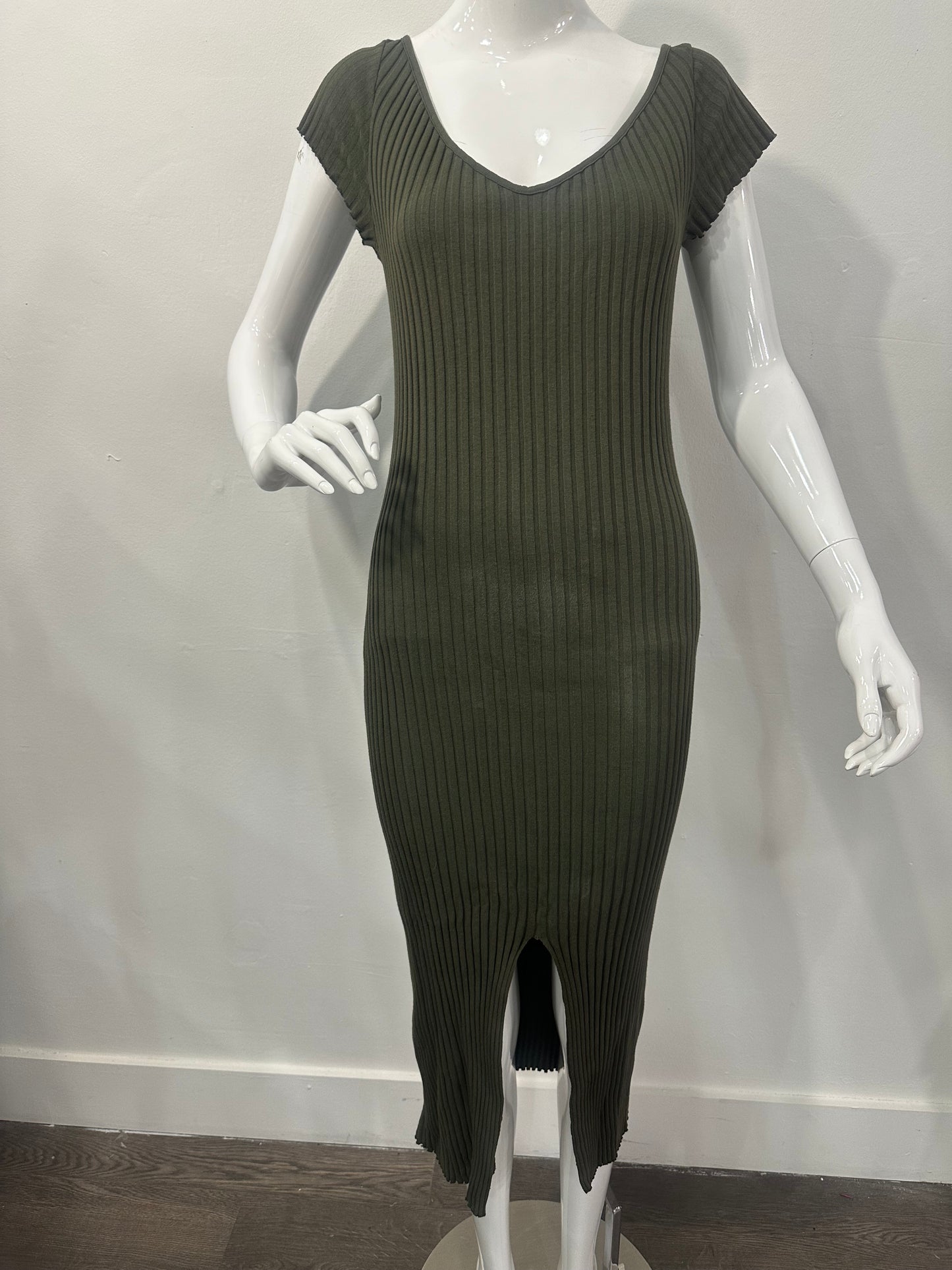 Enza Costa Cotton Knit V-Neck Cap Sleeve Slit Midi Dress Green Women's Size M