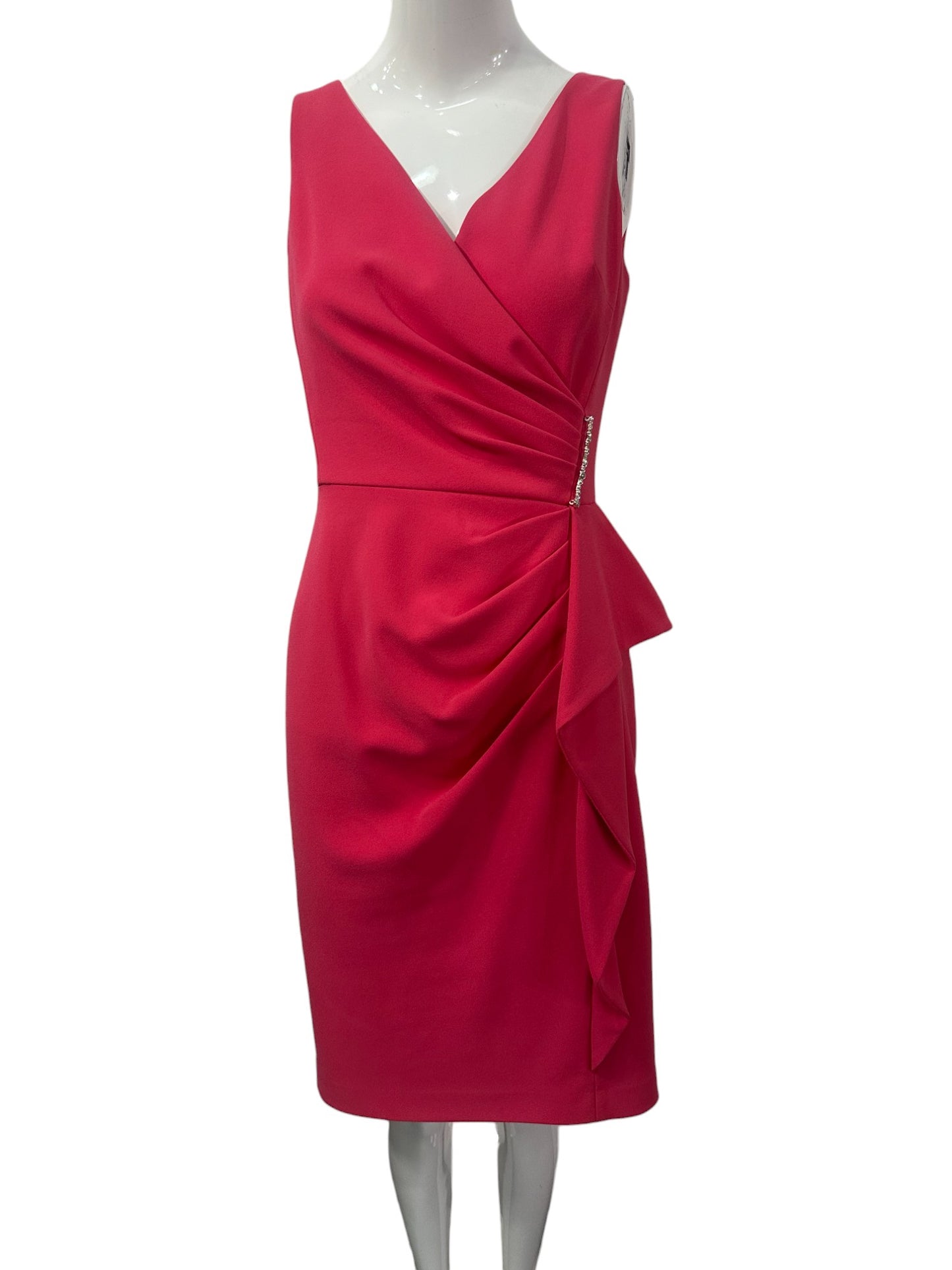 Teri Jon By Rickie Freeman Ruched V-neck Sleeveless Sheath Dress Pink Size 4