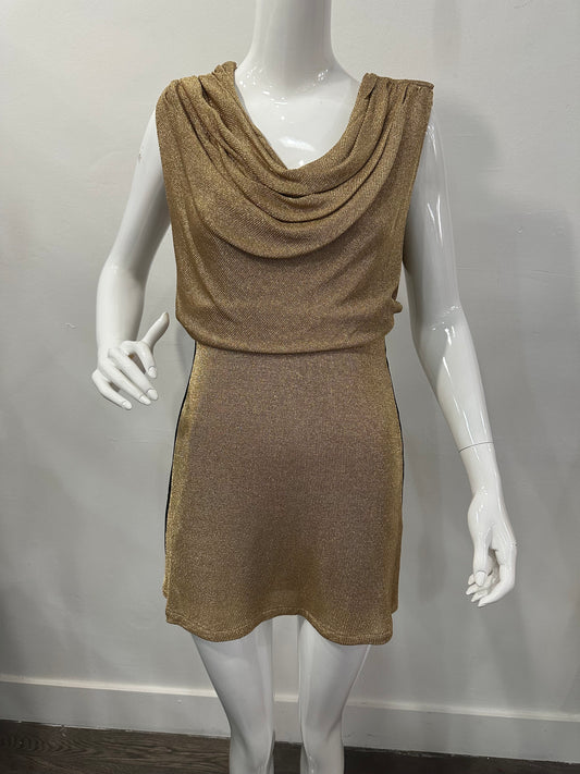 Fendi Draped Neckline Sleeveless Mini Dress Gold Metallic Size S