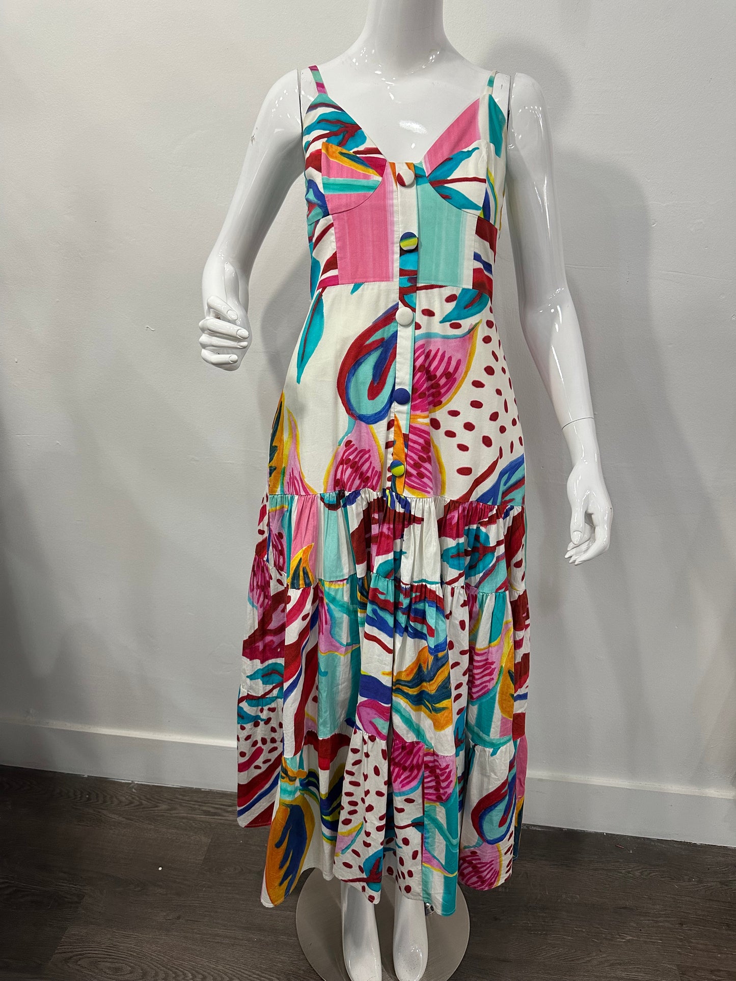 PatBO Floral V-Neck Sleeveless Tiered Maxi Dress Multicolor Women's Size US 6