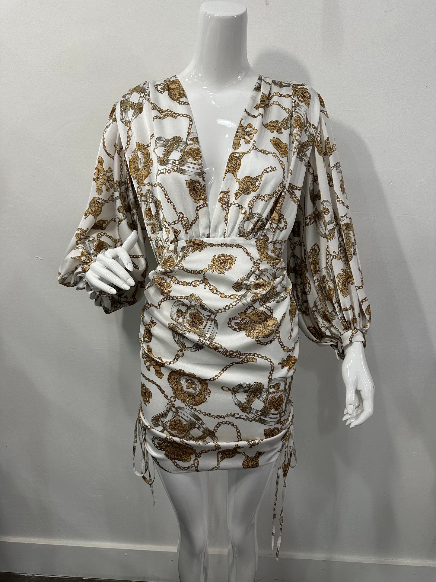 Bronx and Banco Chain Print V-Neck Puff Sleeve Mini Dress White Women's Size XS