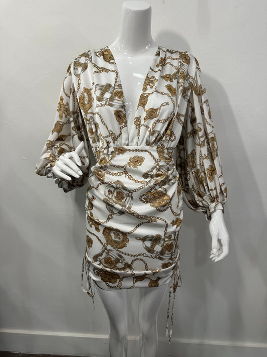 Bronx and Banco Chain Print V-Neck Puff Sleeve Mini Dress White Women's Size XS