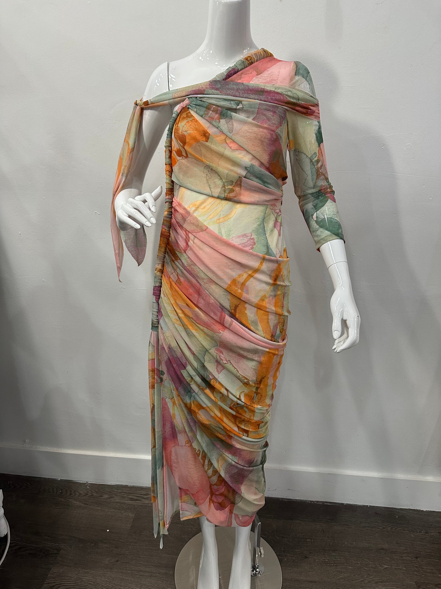 Andrea Iyamah Mesh Turi Abstract One-Shoulder Midi Dress Multicolor Size M