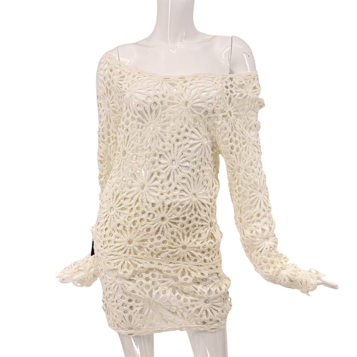 Norma Kamali Crochet Semi Sheer Off-the-Shoulder Top Straight Skirt Set