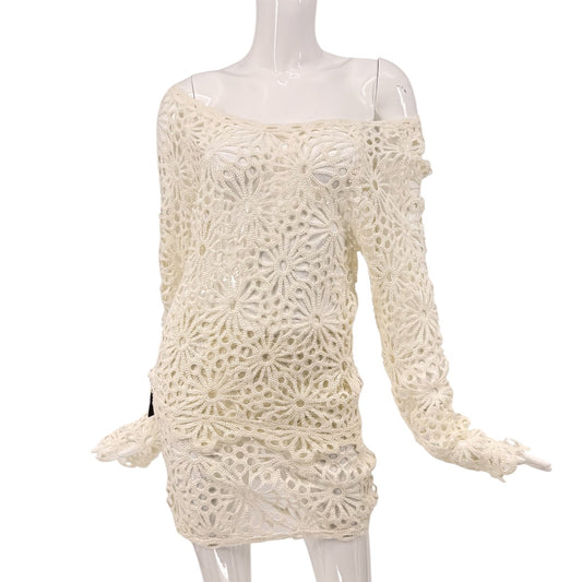 Norma Kamali Crochet Semi Sheer Off-the-Shoulder Top Straight Skirt Set