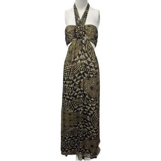 BCBGMAXAZRIA Green Silk Blend Printed Rhinestone Accent Halter Maxi Dress