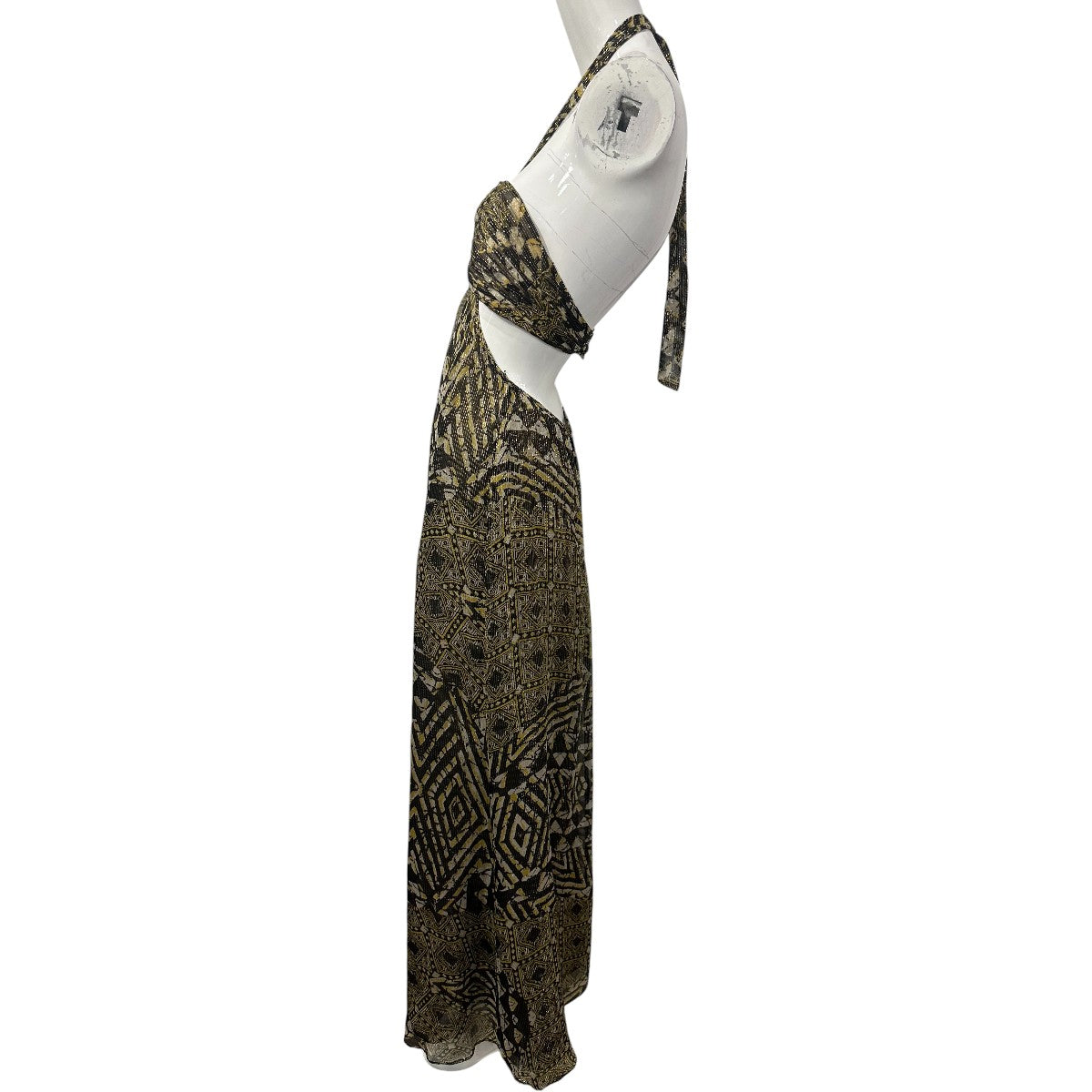 BCBGMAXAZRIA Green Silk Blend Printed Rhinestone Accent Halter Maxi Dress