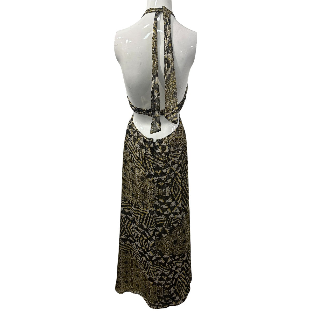 BCBGMAXAZRIA Green Silk Blend Printed Rhinestone Accent Halter Maxi Dress