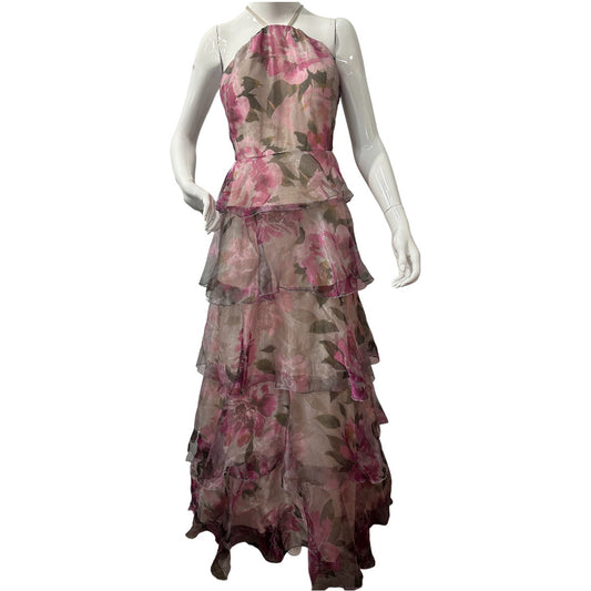 Speechless Fuschia Organza Floral-Print Layer Tulle Halter Maxi Dress