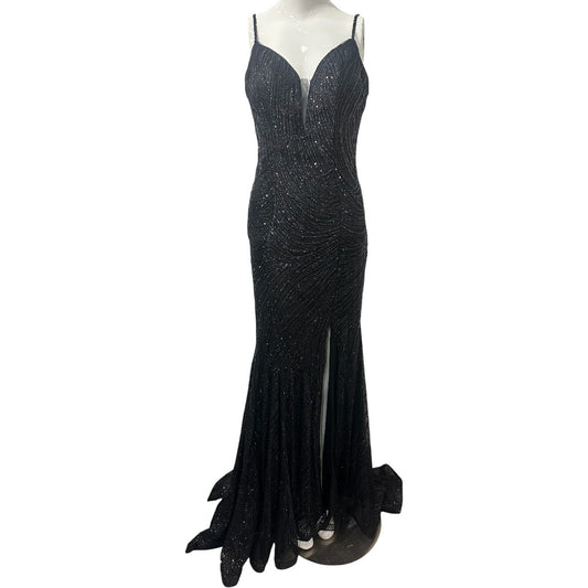 Ladivine By Cinderella Divine CR844 Black Sequin Slit Mermaid Maxi Dress