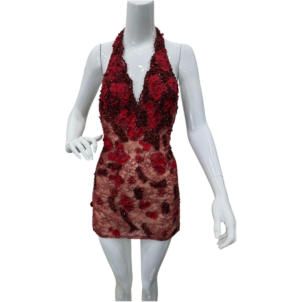 Red Lace Floral Appliqué Rhinestone Studded Halter Neck Mini Dress