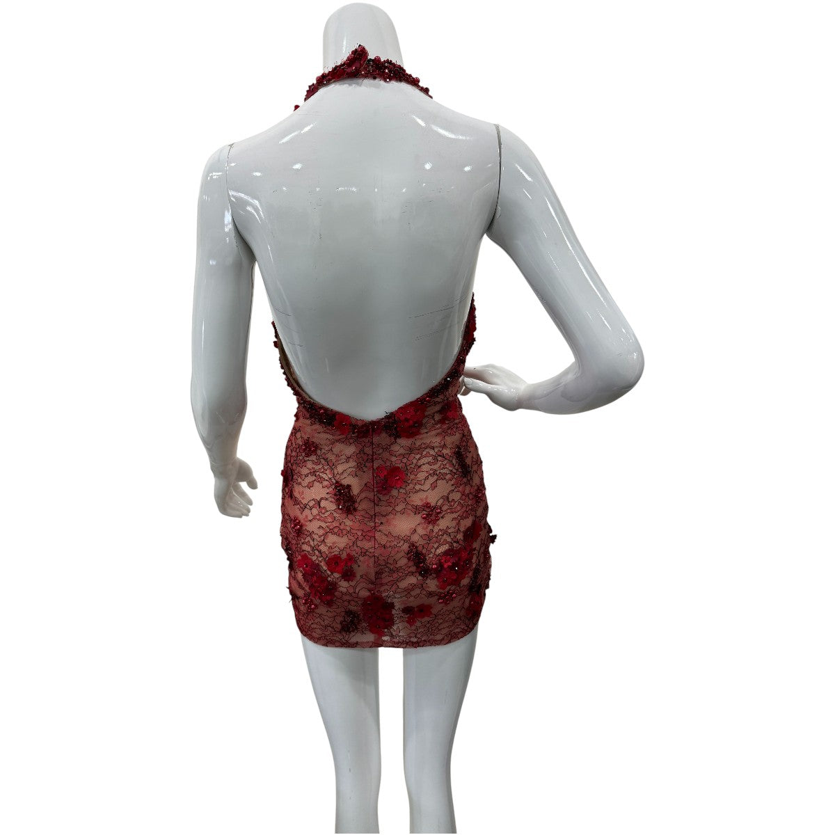 Red Lace Floral Appliqué Rhinestone Studded Halter Neck Mini Dress