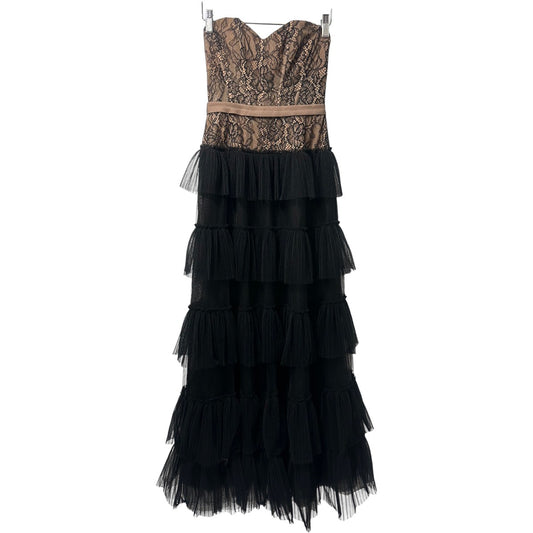 BCBGMAXAZRIA Black Floral Lace Ruffle Tulle Strapless Maxi Evening Dress