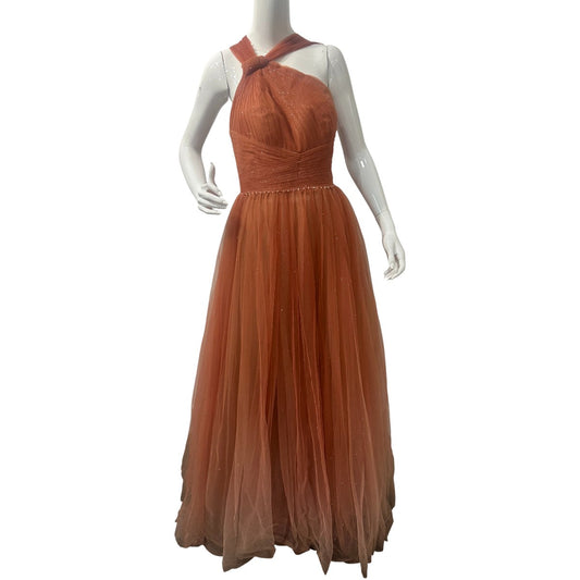 Mac Duggal Brown Tulle Glitter-Flecked Halter Neck Maxi Ball Gown