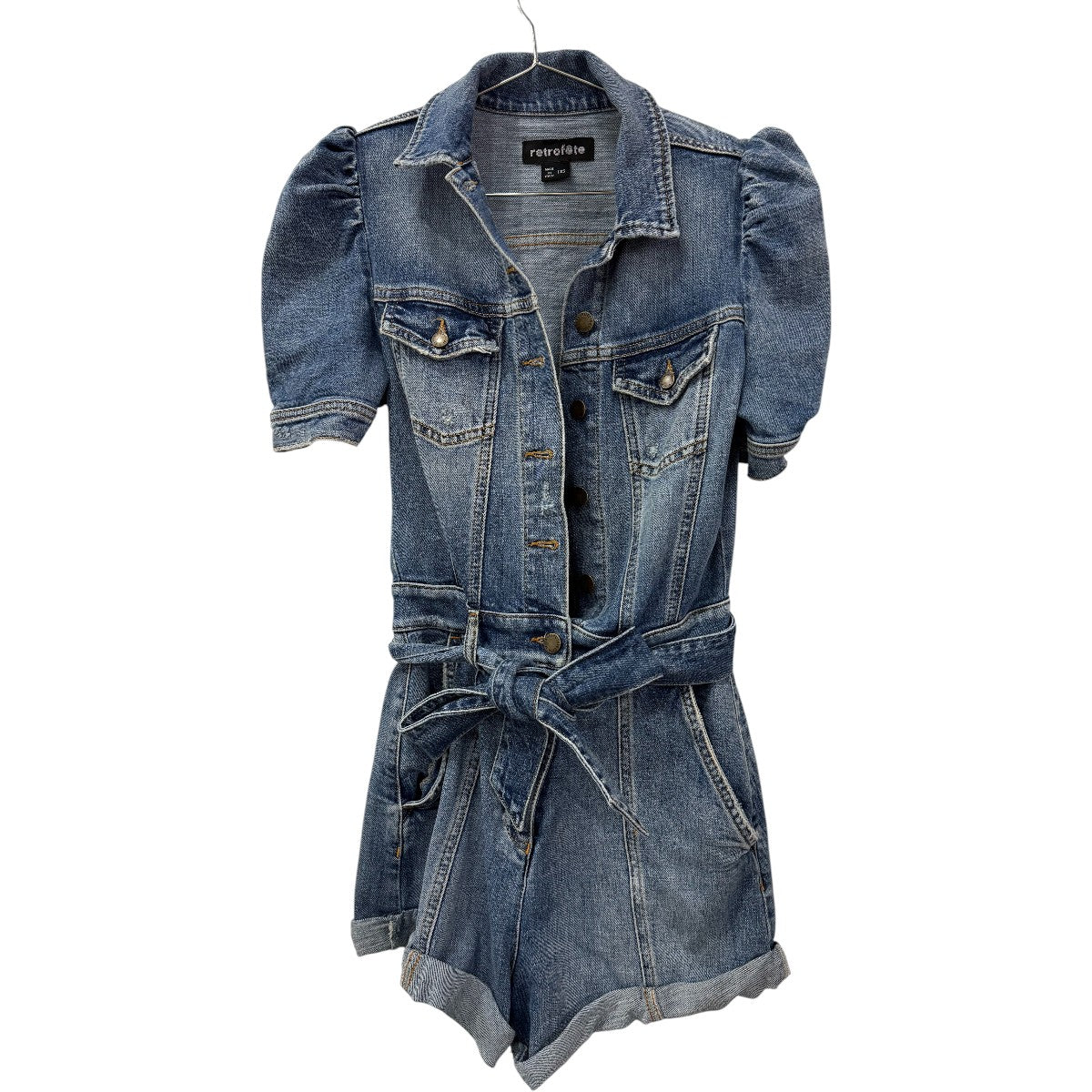 Retrofete Blue Phoebe Puff Sleeve Belted  Denim Romper
