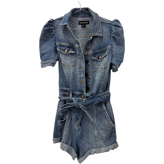 Retrofete Blue Phoebe Puff Sleeve Belted  Denim Romper