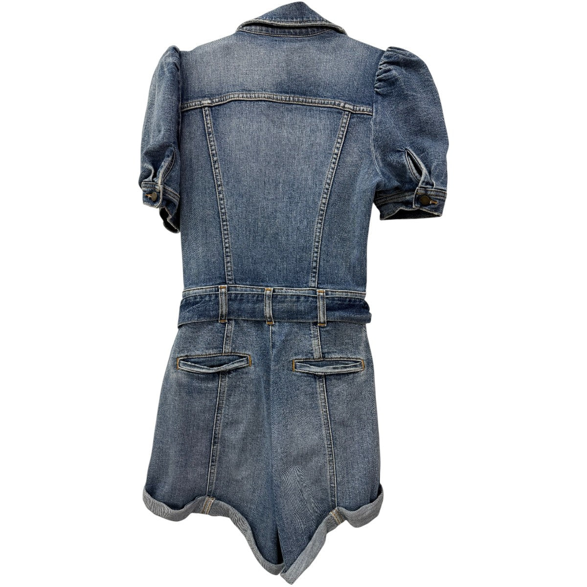 Retrofete Blue Phoebe Puff Sleeve Belted  Denim Romper