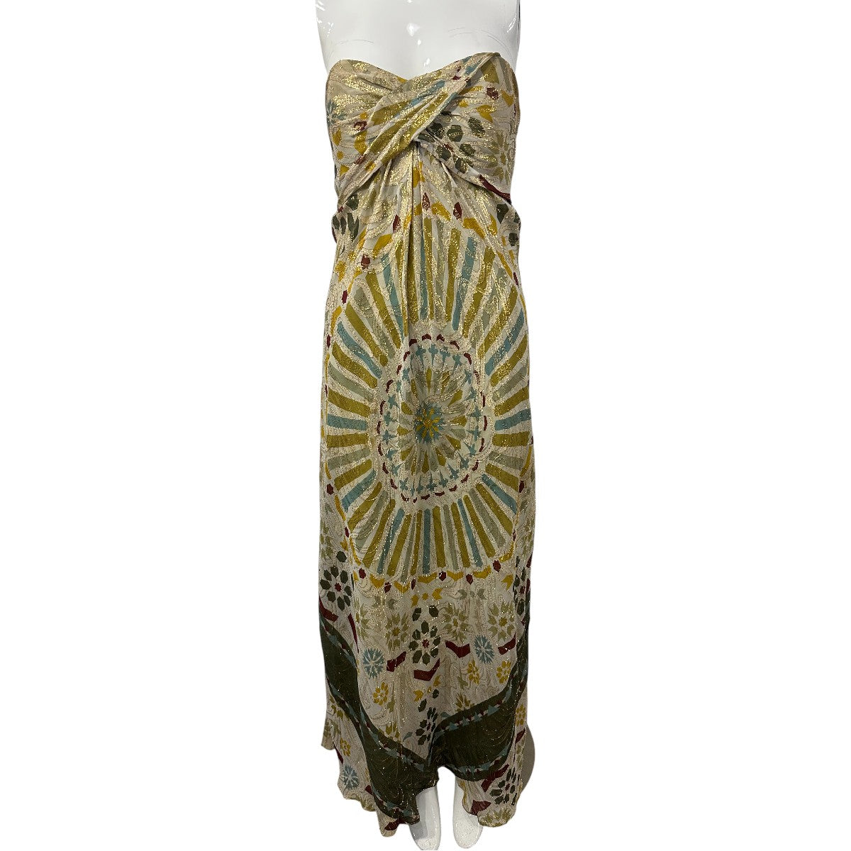 Nicole Miller Pale Green Silk Printed Twist Front Strapless Maxi Dress