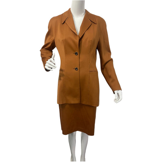 Escada Brown Wool Blazer Jacket Knee Length Skirt Suit Set Women's