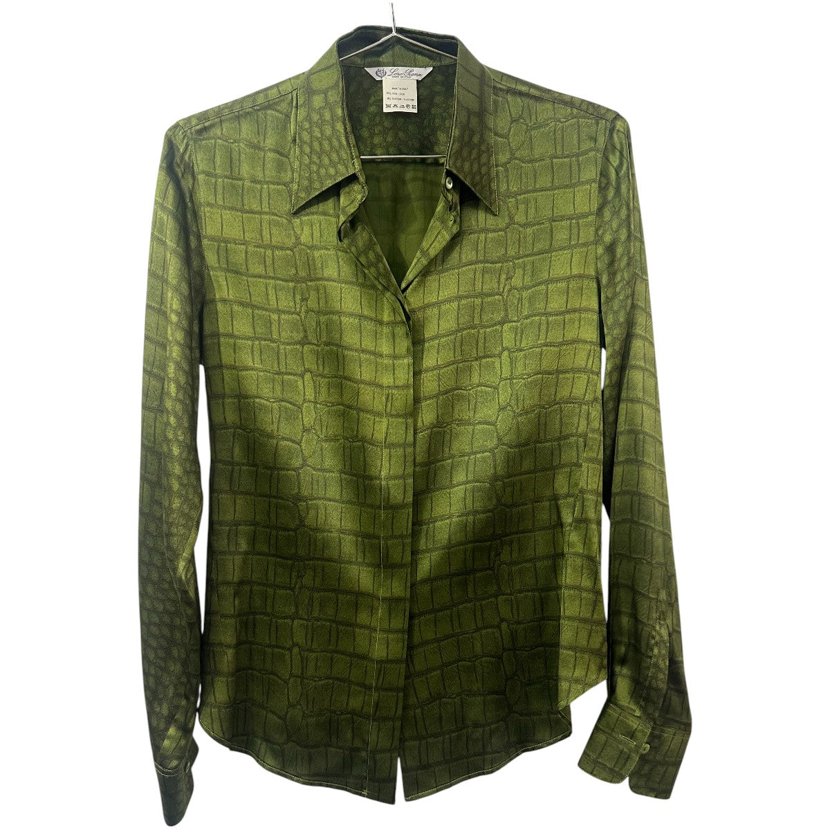 Loro Piana Green Silk Crocodile Print Button-Up Long Sleeve Shirt Women's