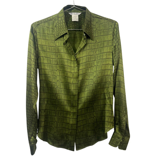 Loro Piana Green Silk Crocodile Print Button-Up Long Sleeve Shirt Women's