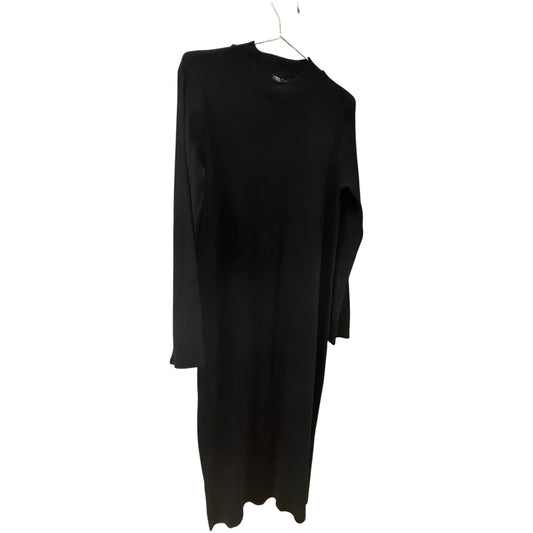 Zara Black Ruched High Neck Ribbed Long Sleeves Midi Dress