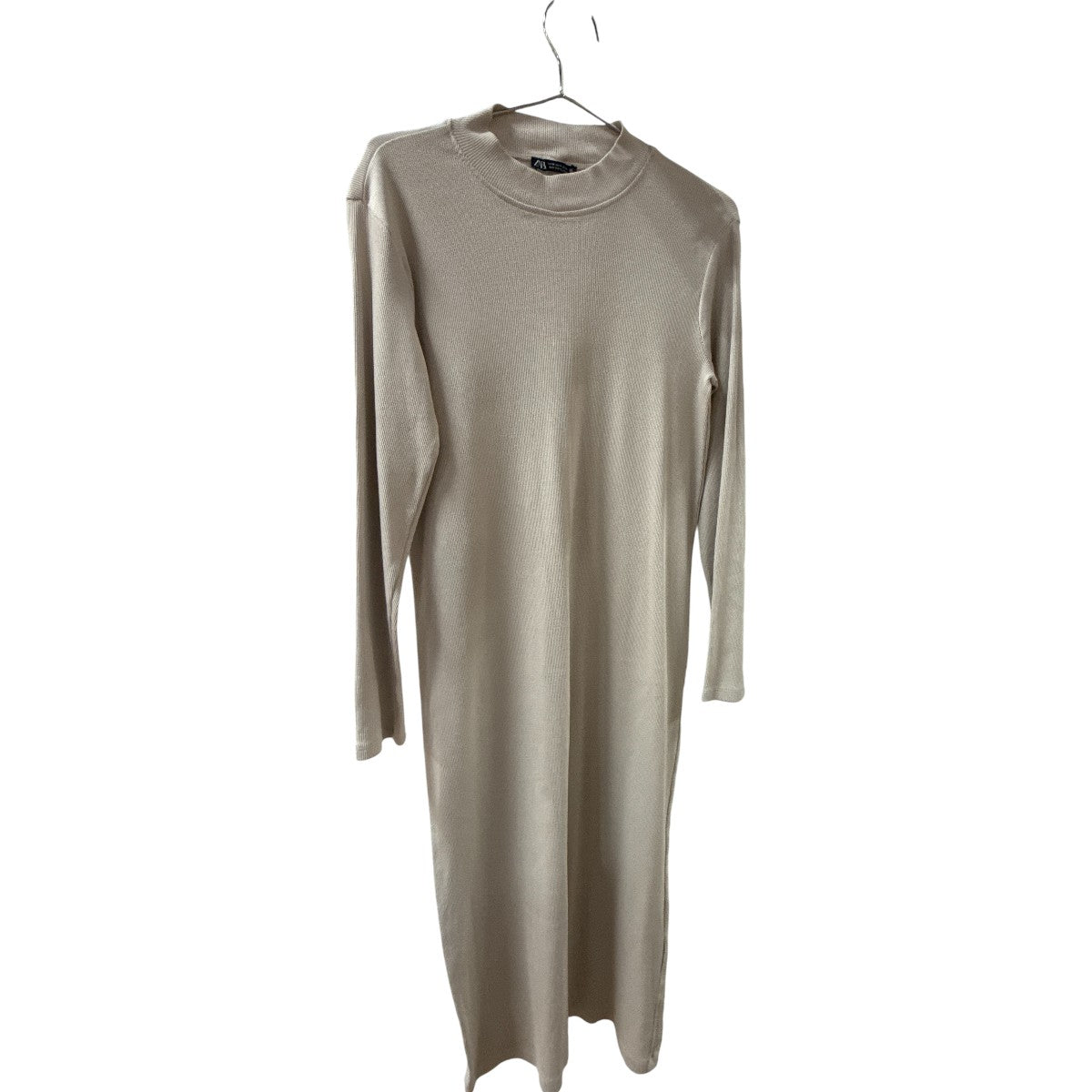 Zara Beige Ruched High Neck Ribbed Longsleeves Midi Dress