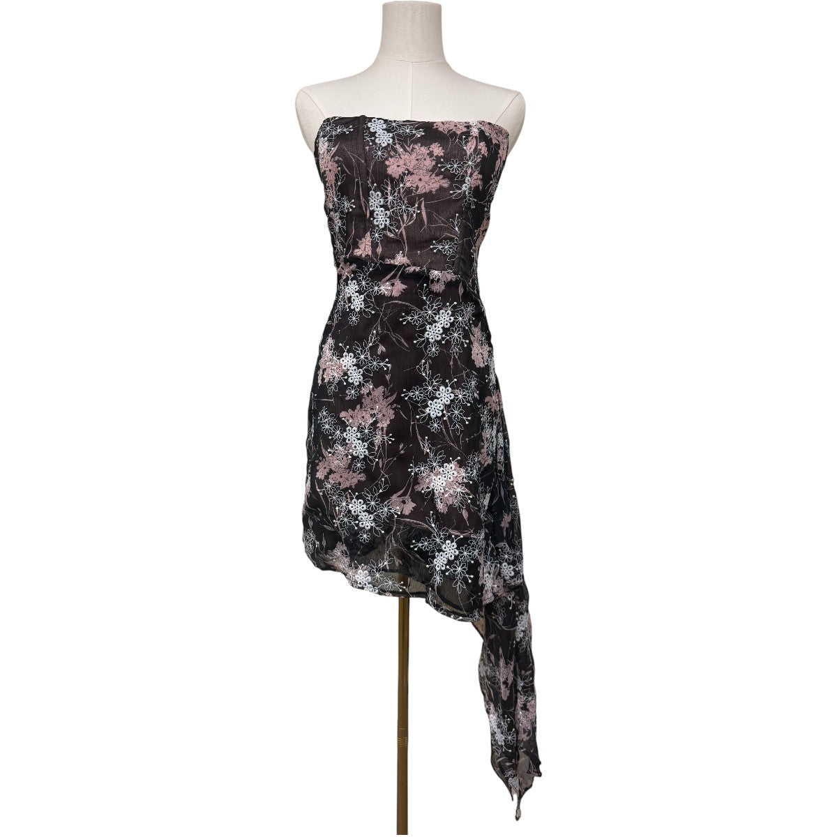 Genavieve The Label Black Embroidered Floral Print Asymmetric Midi Bandeau Dress NWT