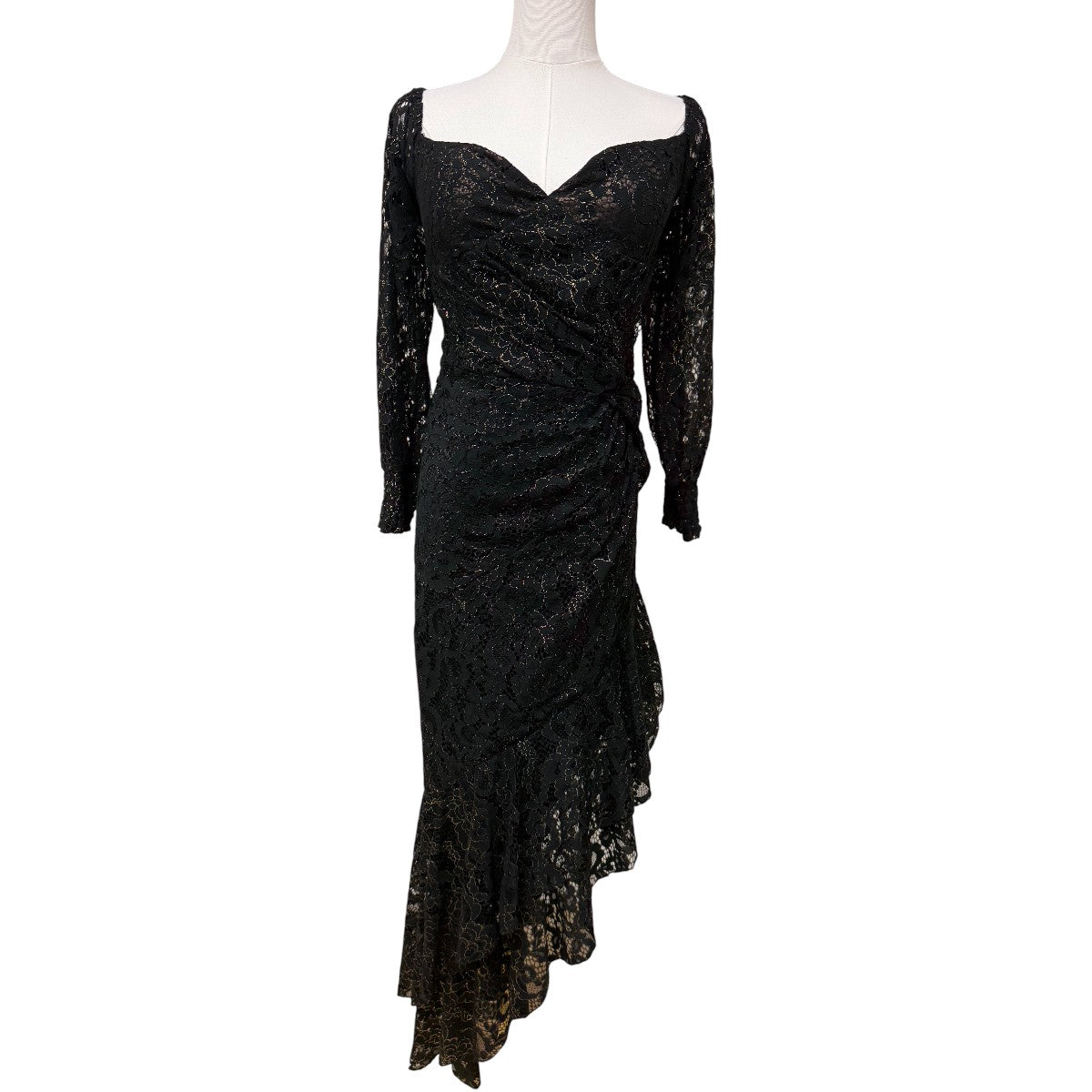 Genavieve The Label Black Floral Lace Ruffle Accent Long Sleeve Asymmetric Midi Dress