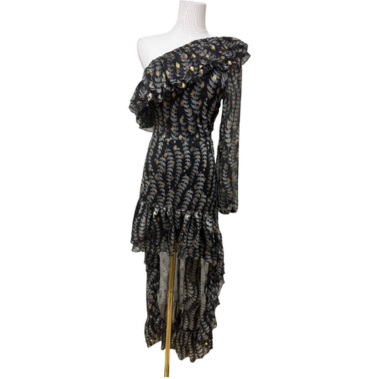 Genavieve The Label Black Leaf Print Ruffle Accent One Shoulder Asymmetric Midi Dress