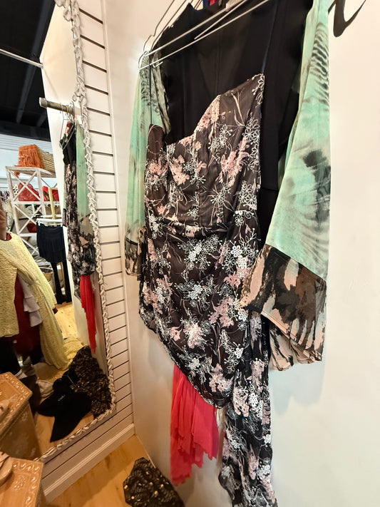 Black & pink floral chiffon mini dress