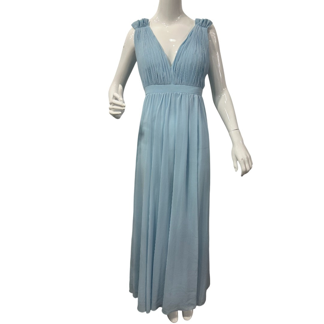 Leena for Mac Duggal Blue Chiffon V-Neck Sleeveless Pleated Maxi Gown