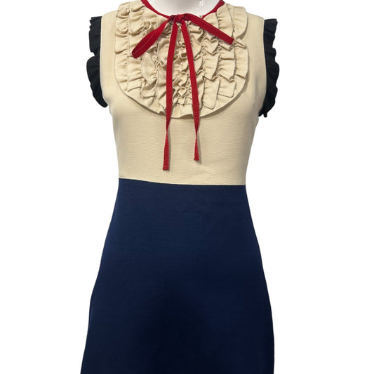 Gucci Beige Navy Silk Wool Ruffle-Trimmed Sleeveless Mini Dress Women's
