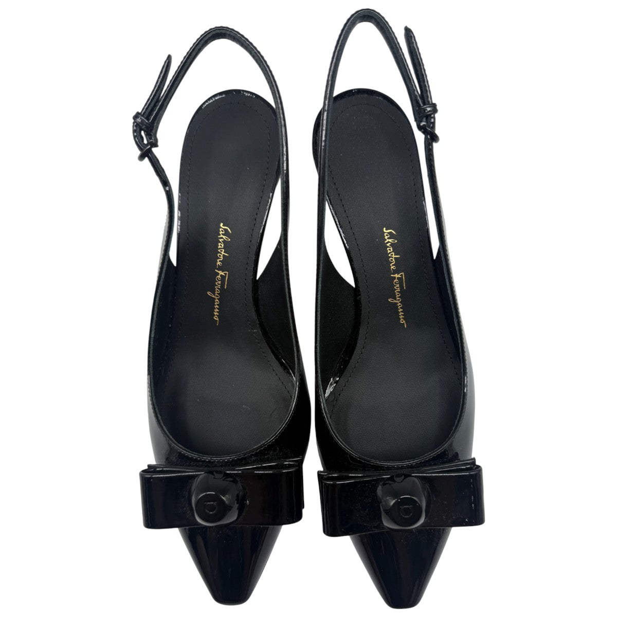 Salvatore Ferragamo Black Patent Leather Karine 55 Vara Bowl Slingback Pumps