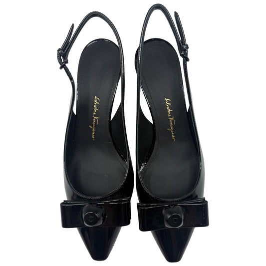 Salvatore Ferragamo Black Patent Leather Karine 55 Vara Bowl Slingback Pumps