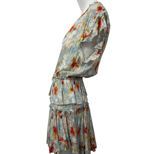 Misa Los Angeles Blue Cotton Blend Ruffle Floral Print Lilian Mini Dress