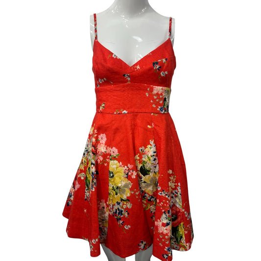 Zimmermann Red Linen Floral Print Pleated A-Line Mini Dress Women's