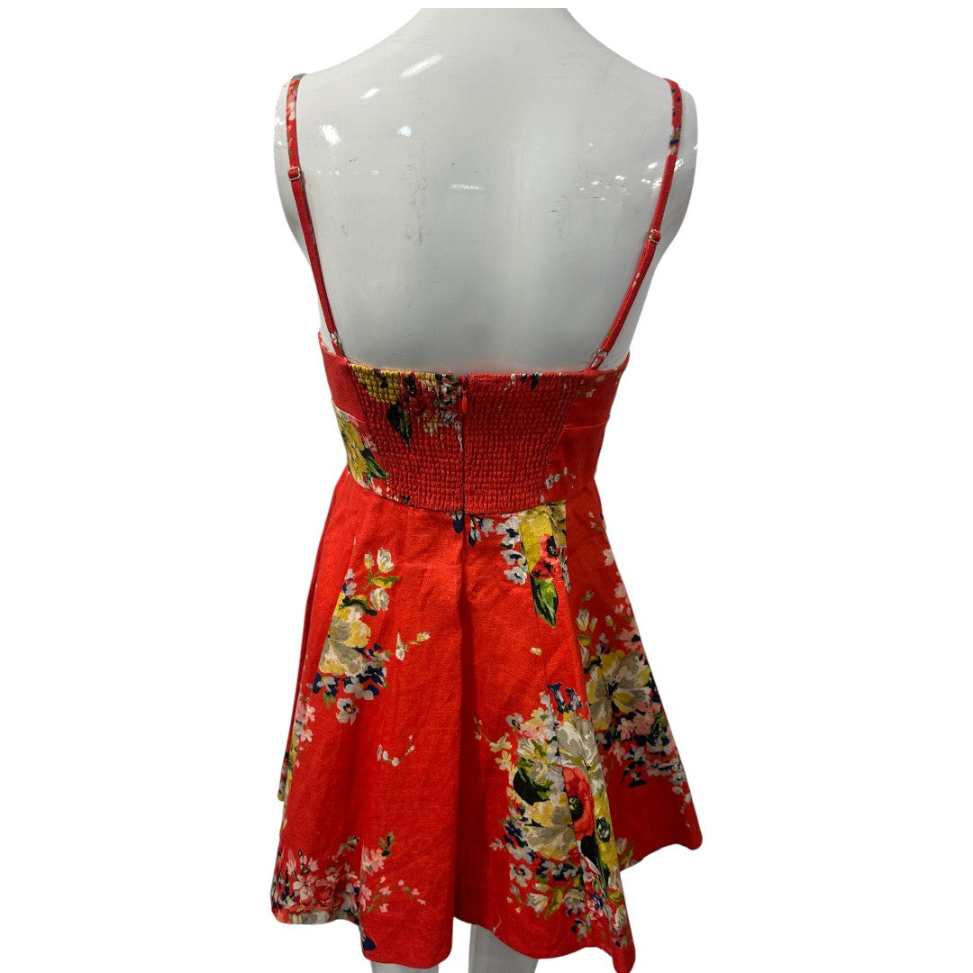 Zimmermann Red Linen Floral Print Pleated A-Line Mini Dress Women's