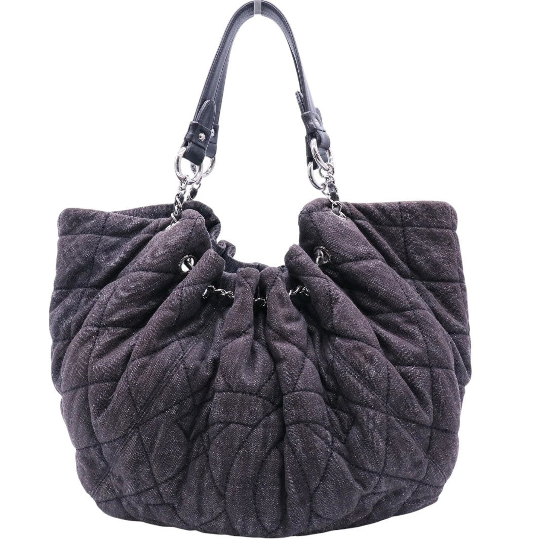 Chanel Quilted Denim Stretch Open Top Spirit Cabas Hobo Tote Bag Dark Grey