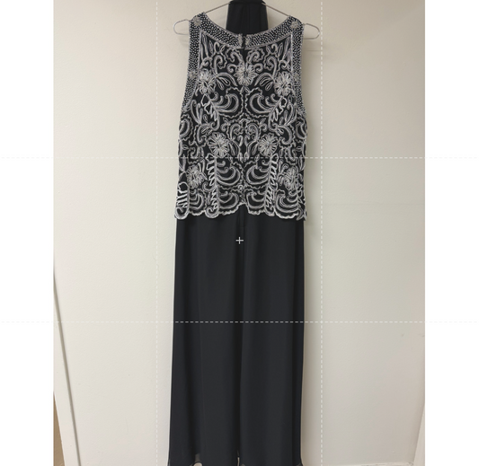 J Kara Scallop Beaded Sleeveless A-Line Maxi Dress w/ Sheer Scarf Black Size 14