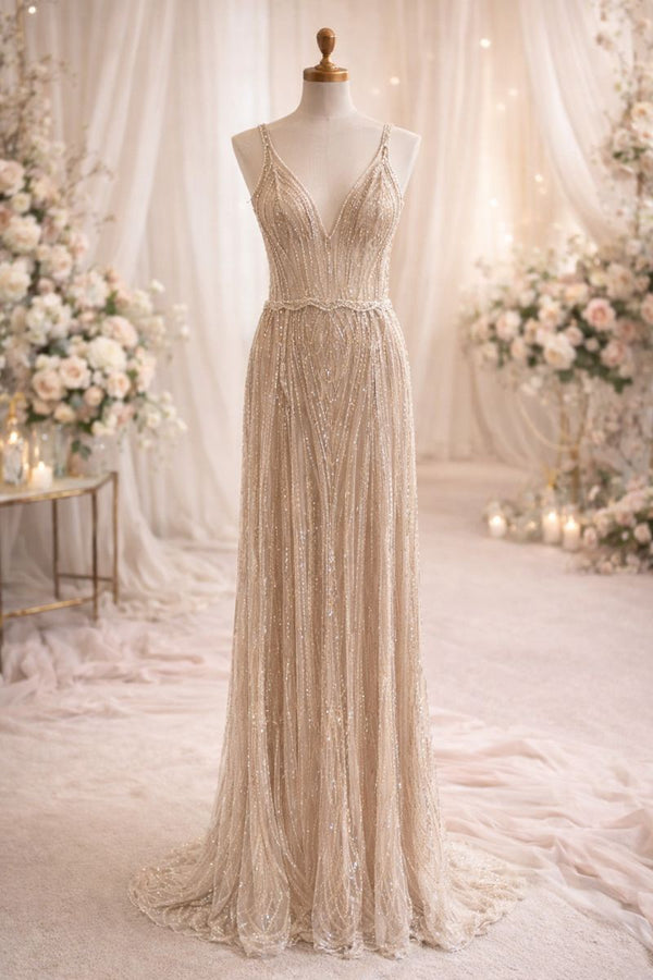 La Vie En Blanc Shades of Ivory Beaded Spaghetti Straps V-Neck Wedding Dress