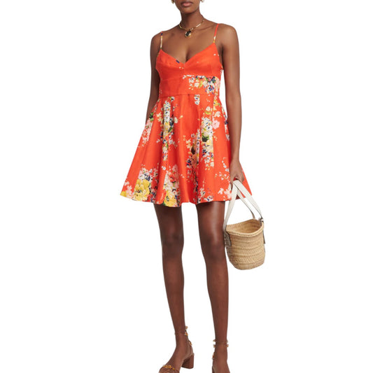 Zimmermann Red Linen Floral Print Pleated A-Line Mini Dress Women's
