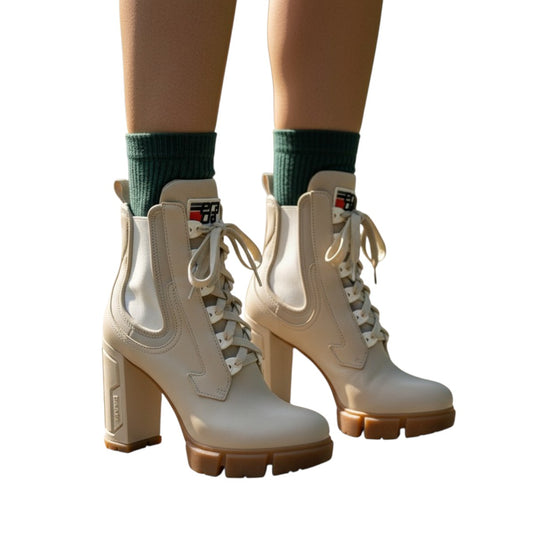 Prada Vanilla Leather and Neoprene Lace Up Combat Platform Boots
