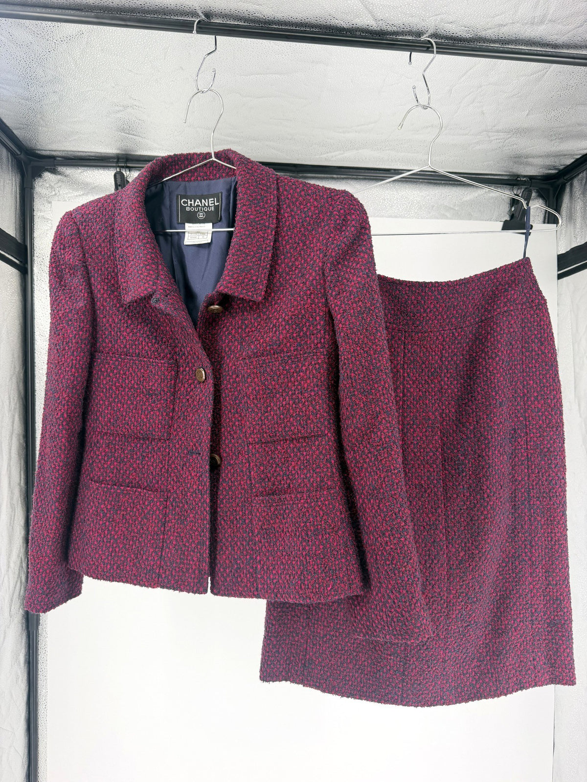 Chanel Boutique Magenta Navy Tweed Skirt Suit FR38
