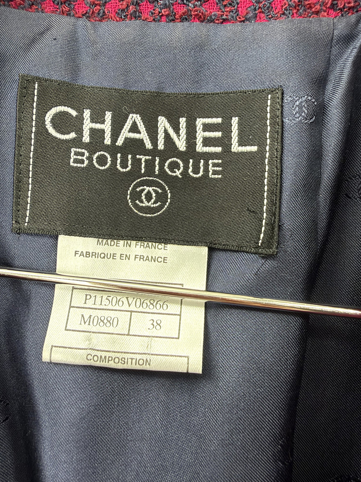 Chanel Boutique Magenta Navy Tweed Skirt Suit FR38