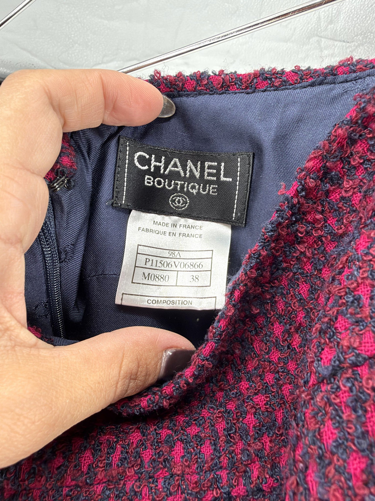 Chanel Boutique Magenta Navy Tweed Skirt Suit FR38